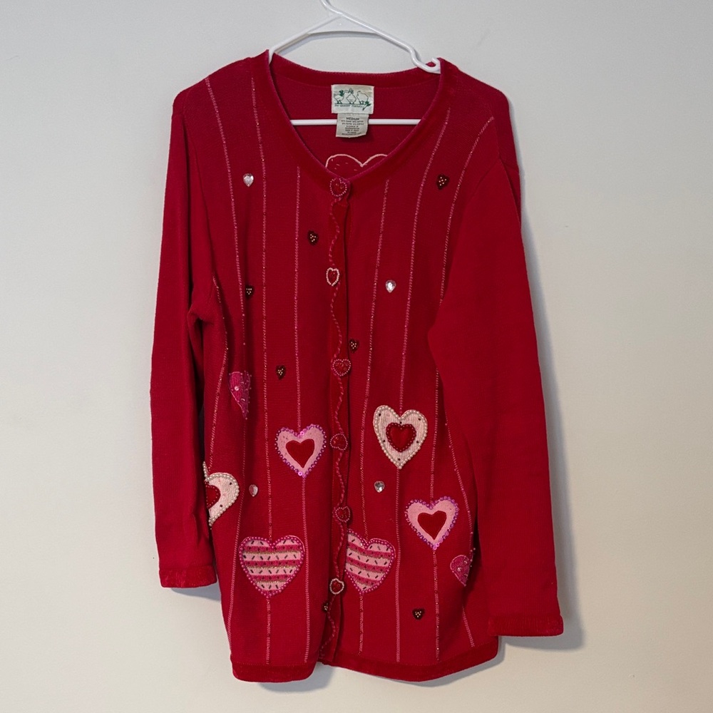 Women’s The Quacker Factory Red Heart Patterned Cardigan Sz. M